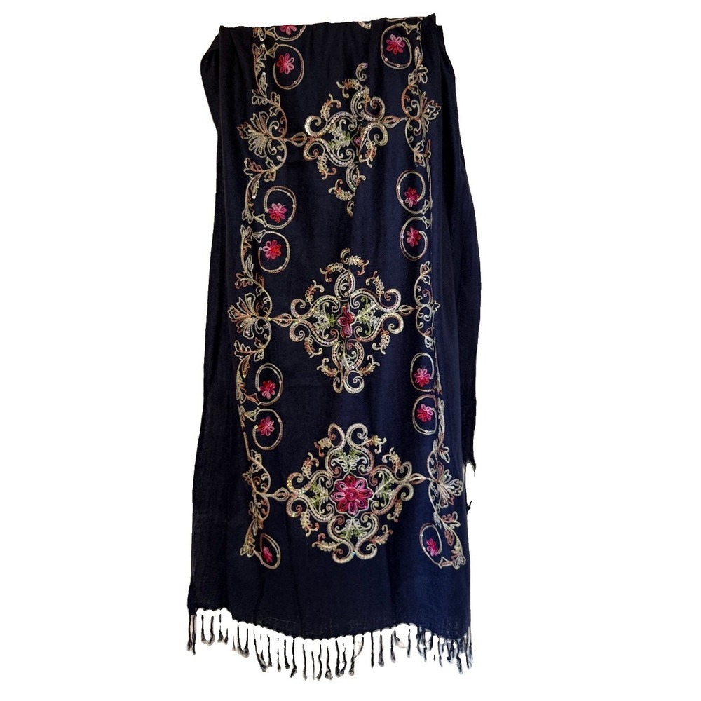 Pashmina Silk Blend Embroidered Scarf Navy Blue Floral Sequin Shawl Wrap Fringe
